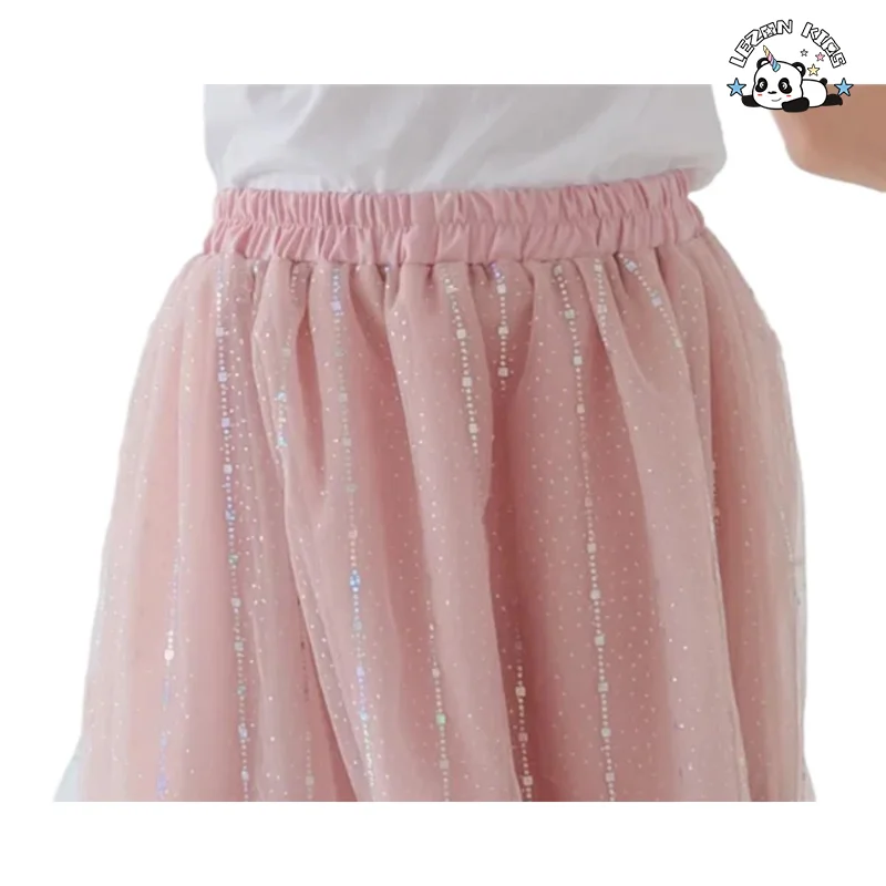 LEZONKIDS - Saia Longa de Tule com Estampa de Folha de Prata para Meninas, Personalizável, com Forro de Algodão Doce